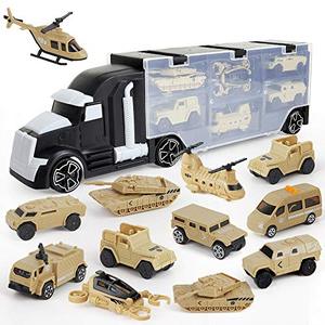 lot 53810 image: 12 in 1 Army Transport Car Carrier Truck Toys, Military Vehicle Toys Army Toy Double Side Transport Vehicles Gifts for Kids Boys and Girls
