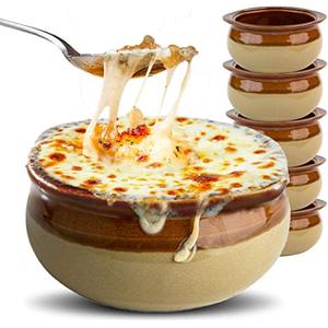 lot 53819 image: Stock Your Home French Onion Soup Crocks (6 Count) - 12 Ounce Oven Safe French Onion Soup Bowls - Two-Toned Brown & Ivory Ceramic Porcelain Soup Bowls (missing one bowl)