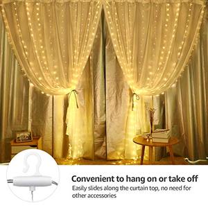 lot 53868 image: LE Curtain String Lights for Bedroom Wall 300 LED Window Fairy Lights with Remote, 10 ft 8 Modes Waterproof IP65 Christmas Twinkle Lights, Plug in Decorative Hanging Lights for Wedding Party Backdrop