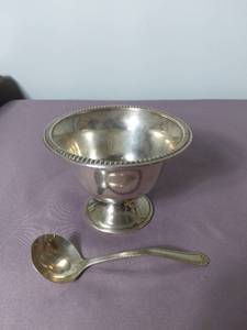 lot 2115 image: Natural Sterling SugarSalt Bowl with National Sterling Company Spoon with Bent Handle