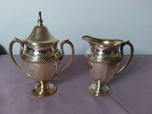 lot 2116 image: Lot of 2 Glastonbury Silver Plated Antique Creamer and Sugar Container - Container with Lid is Cracked in Some Places