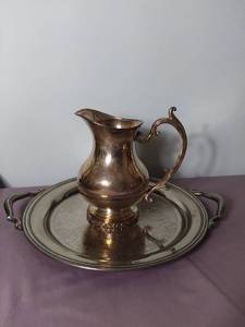 lot 2121 image: Lot of 2 Silver Plated and Silver on Copper Pitcher and Decorative Platter - National Silver on Copper