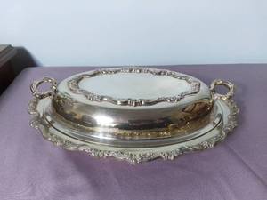 lot 2125 image: Poole Silver Company Antique Silver Plated Serving Tray with Lid and Handles