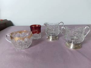 lot 2131 image: Lot of 4 Glass Etched Tea Cups and Creamer and Sugar Containers