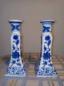 lot 2042 image: Nice Pair Of Porcelain Floral Designed Candle Holders