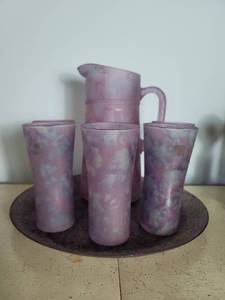 lot 2082 image: MCM Made in Isreal Purple Splatter Ice Tea Set - 5 Tumblers and Platter