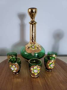 lot 2087 image: ERGMANN Bohemian Emerald Green Gilt Enameled Art Glass Cordial Set Bottle Goblet