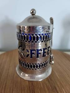 lot 2091 image: Hammered Tin Coffee Canniater - Blue Plastic Liner