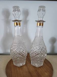 lot 2096 image: Set of 2 Crystal Decanters- Gold Tone Rim