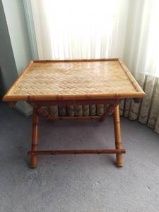 lot 2100 image: Low Bamboo Framed & Weaved Foldable Table - Some Water Damage