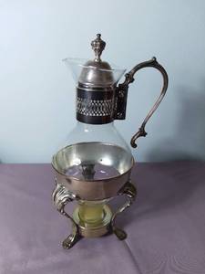 lot 2103 image: Vintage 4 Piece Silver Plated Carafe CoffeeTea Pot with Stand and Candle Warmer