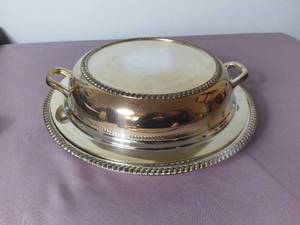 lot 2107 image: Antique Silver Plated Divided Serving Dish with Lid and Handles