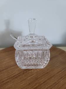 lot 2144 image: Diamond Cut Crystal Salt Dip Dish with Spoon