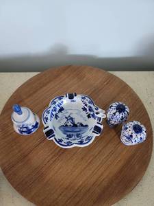 lot 2148 image: Hand Crafted Blue White Delfts Ashtray, SaltPepper, and Bell