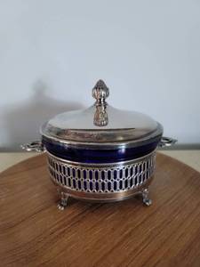 lot 2149 image: Footed Cobalt Dish with Hammered Metal Frame