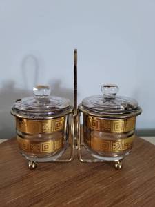 lot 2177 image: Mid Century Modern SaltSugar Dips in Brass Caddy