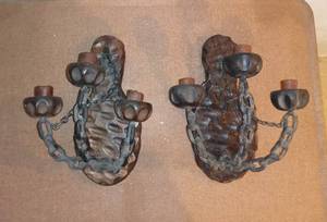 lot 8038 image: Pair of Medieval Style Wood And Chain Candle Holders