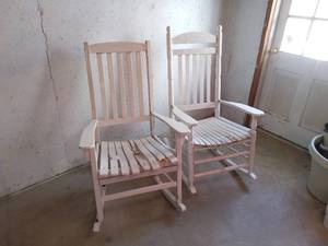 lot 8136 image: Pair of White Wood Rocking Chairs One Needs TLC