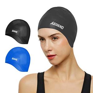 lot 88793 image: Aegend Unisex Swim Caps Cover Ears (2 Pack), Durable & Flexible Silicone Swimming Caps for Long Hair & Short Hair Easy to Put On and Off, Black Blue