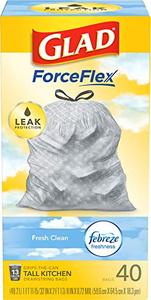 lot 88800 image: Glad ForceFlex Tall Kitchen Drawstring Trash Bags, Fresh Clean, 13 Gal, 40 Ct (Package May Vary)