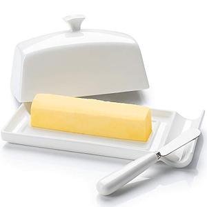 lot 88817 image: Butter Dish with Lid and Knife Spreader Set - Perfect for East and West Coast Butter, White - Better Butter & Beyond