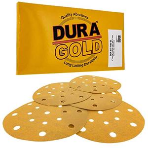 lot 88835 image: Dura-Gold - Premium - 180 Grit - 6 Gold Sanding Discs - 17-Hole Pattern Dustless Hook and Loop for DA Sander - Box of 50 Finishing Sandpaper Discs for Woodworking or Automotive