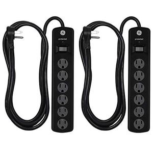 lot 88848 image: GE, Black, 6 Outlet Surge Protector, 8 Ft Extension Cord, Power Strip, 1300 Joules, Twist-To-Close Safety Covers, 33662, 8 ft, 8 Ft