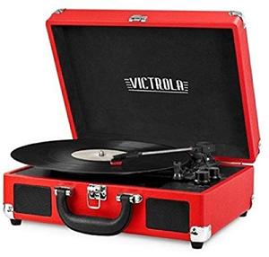 lot 90832 image: Victrola Vintage 3-Speed Bluetooth Portable Suitcase Record Player with Built-in Speakers  Upgraded Turntable Audio Sound Includes Extra Stylus  Red, 1SFA (VSC-550BT-RD)