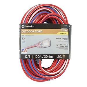 lot 95854 image: Southwire 2549SWUSA1 100-Feet, Contractor Grade, 123 Extension Cord, With Lighted End Red White And Blue, American Made Extension Cord, Indoor and Outdoor Use, Water Resistant Flexible Jacket