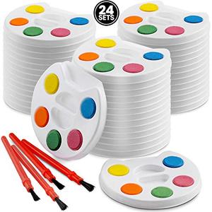 lot 95863 image: Mini Watercolor Kids Paint Set - (Bulk Pack of 24) - 5 Water Color Paints, Palette Tray and Painting Brush, for Art Party Favors, Kids Prizes, Stocking Stuffers and Paint Party Supplies by Bedwina