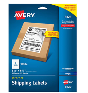 lot 90868 image: Avery 8126 Shipping Address Labels, Inkjet Printers, 50 Labels, Half Sheet Labels, Permanent Adhesive, True Block, 1 Pack, White
