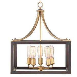 lot 40008 image: Progress Lighting Boswell Quarter 5-Light Vintage Brass Pendant with Painted Black Distressed Wood Accents