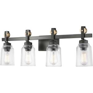 lot 40032 image: Home Decorators Collection Knollwood 4-Light Antique Bronze Vanity Light with Vintage Brass Accents and Clear Glass Shades