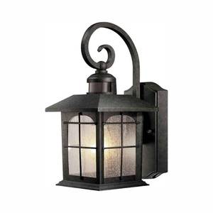 lot 46014 image: Home Decorators Collection Brimfield 220° 1-Light Aged Iron Motion-Sensing Outdoor Wall Lantern Sconce