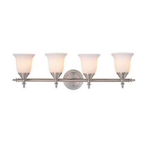 lot 47008 image: Hampton Bay Olgelthorpe 4-Light Brushed Nickel Bathroom Vanity Light with Bell Shaped Frosted Glass Shades
