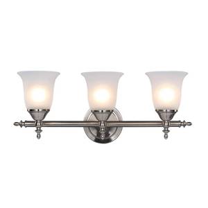 lot 47010 image: Hampton Bay Olgelthorpe 3-Light Brushed Nickel Bathroom Vanity Light with Bell Shaped Frosted Glass Shades