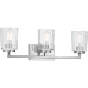 lot 47039 image: Home Decorators Collection Westlyn 3-Light Brushed Nickel Vanity Light with Clear Optic Glass Shades