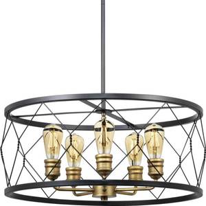lot 47050 image: Progress Lighting Dawsonville 5-Light Matte Black Chandelier with Aged Brass Accents