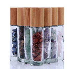 lot 22294 image: 10ml Roll On Bottle For Essential Oils,10 Pack Clear Glass Roller Bottles With Natural Crystal Gemstone Roller Balls Top,Bamboo Lid,Thick Glass Essential Oil Bottles-Healing Crystal Chips Inside