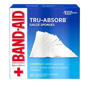 lot 22335 image: Band Aid Brand First Aid Products Tru-Absorb Gauze Sponges for Cleaning Wounds, 4 in x 4 in, 50 ct