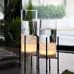 lot 22363 image: Flower Vase for Decor, Glass Table Vase Set, Clear Vase with Gold Stand, Modern Decorative with Timer LED Lights Battery Operated, CenterpieceWeddingParty (Set of 2)
