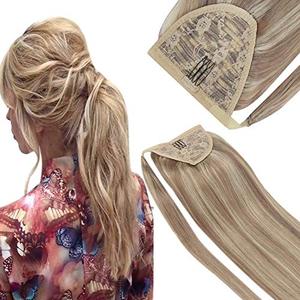 lot 22373 image: VeSunny Ponytail Hair Extensions Ash Blonde Highlighted Clip in Ponytail Extensions Remy Human Hair 14inch Wrap Around Ponytail Hair Blonde Highlighted Pony Tail 80g