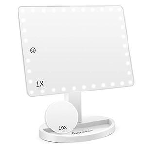 lot 22378 image: Large Lighted Vanity Makeup Mirror (X-Large Model), Funtouch Light Up Mirror with 35 LED Lights, Touch Screen and 10X Magnification Mirror, 360° Rotation Tabletop Cosmetic Mirror (White)