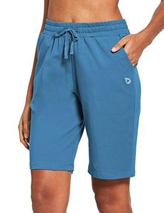 lot 22380 image: BALEAF Athletic Workout Cotton Lounge Shorts for Women Long Bermuda Running Sweat Gym Stretchy Pajama with Pockets Copen Blue Size S