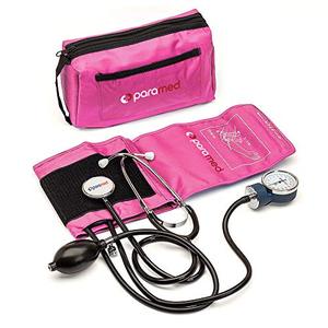 lot 22383 image: PARAMED Aneroid Sphygmomanometer with Stethoscope Manual Blood Pressure Cuff with Universal Cuff 8.7 - 16.5 and D-Ring Carrying Case in The kit Pink