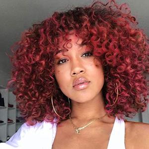 lot 22384 image: Curly Wigs for Black Women - Afro Curly Wig with Bangs Natural Black Hair Synthetic Heat Resistant Full Wigs with 1 Wig Comb and 4pcs Wig Caps