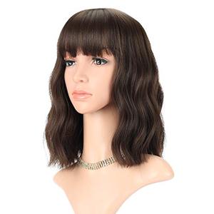 lot 22396 image: FAELBATY Short Brown Wigs With Bangs Shoulder Length Wig For Women Curly Wavy Synthetic Cosplay Wig for Girl Costume Wigs (12 Natural Black Dark Brown Mix Color)