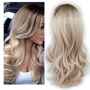 lot 22410 image: Lady Miranda Ombre Wig Brown to Ash Blonde High Density Heat Resistant Synthetic Hair Weave Full Wigs for Women(TAsh Blonde)