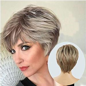 lot 22416 image: Lady Miranda Brown Mixed Blonde Color Short Layer Nature Curly with Bangs Synthetic Wig Heat Resistant Weave Full Wigs for Women (Brown-Blonde)