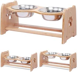 lot 23001 image: X-ZONE PET Raised Pet Bowls for Cats and Dogs, Adjustable Bamboo Elevated Dog Cat Food and Water Bowls Stand Feeder with 2 Stainless Steel Bowls and Anti Slip Feet (Height 7.9)